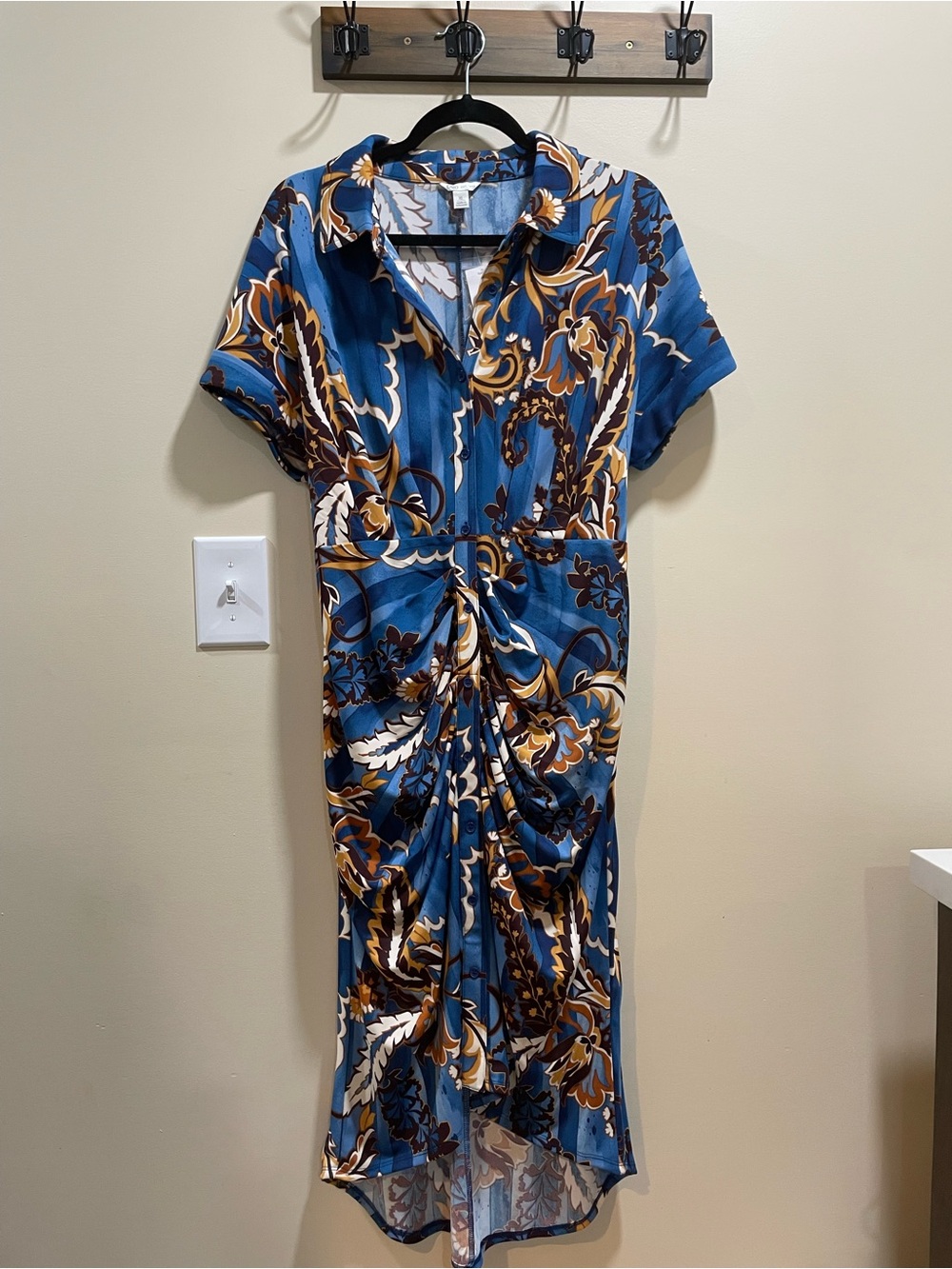 Cato Blue Paisley Twist-Front Dress with Brown Accents